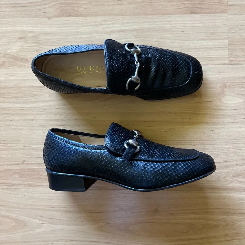 Gucci Black Snake Skin Horsebit Loafers
